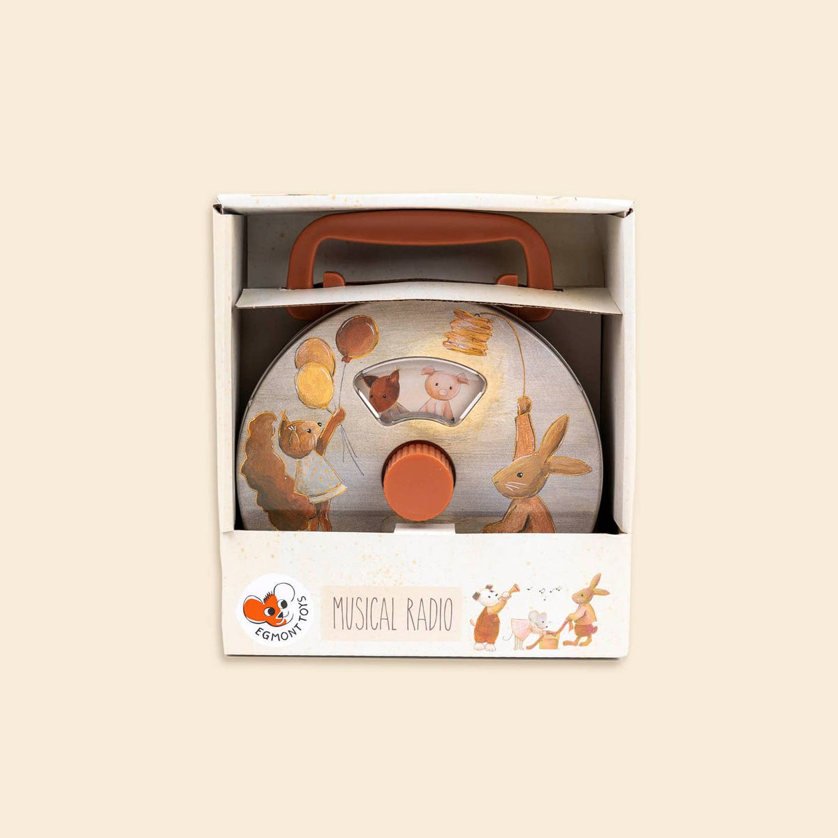 Toy with animal illustrations in a box on a beige background