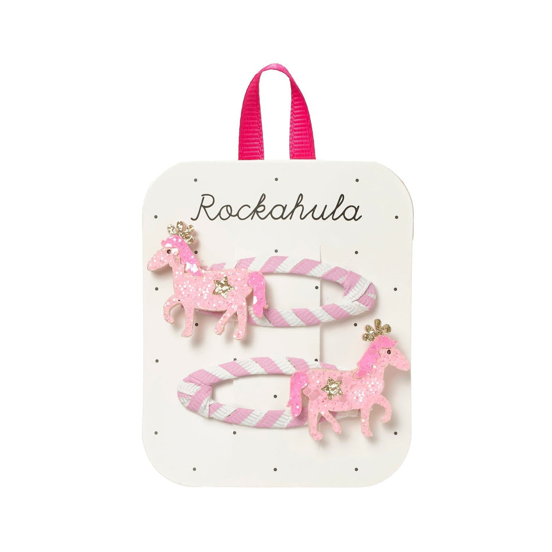 Set of pink hair clips with chevron patterns on a Rockahula branded card.