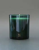 A dark green glass jar candle with a single white wick, featuring a small gold square logo on the front that reads 'BOTANICA'. The candle is photographed against a neutral gray background.
