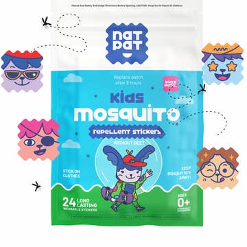 Package of NatPat Kids Mosquito Repellent Stickers with colorful illustrations on a white background.