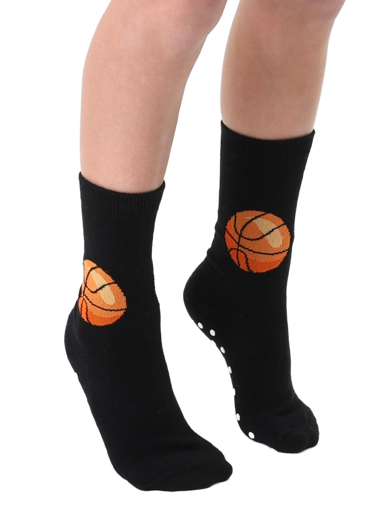 Black socks with basketball design on a white background