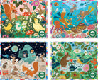 Four colorful children's puzzles with different themes on a white background.