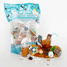 Cat-themed play kit with toys and packaging on a white background