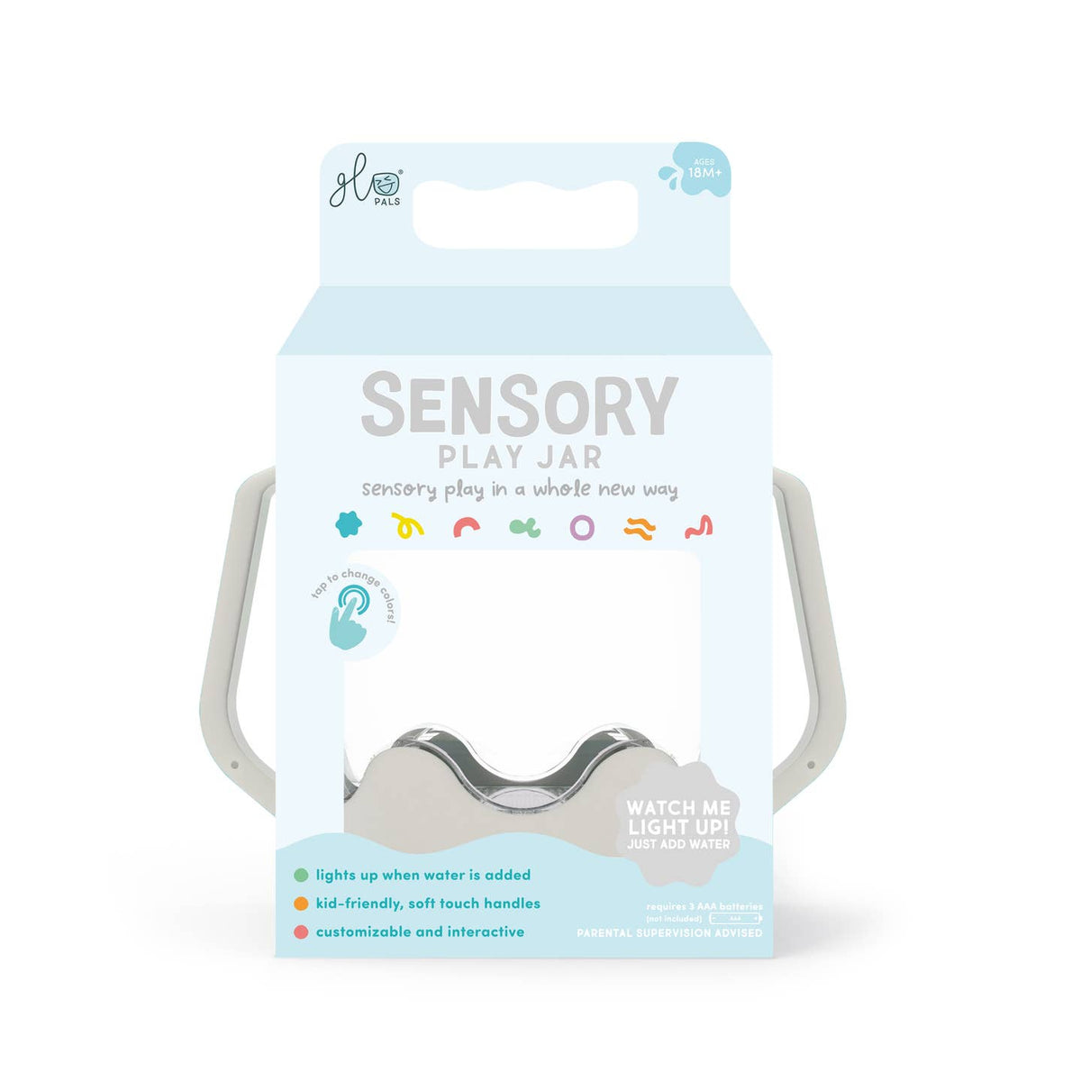 The retail packaging box for the H2 Play Sensory Play Jar, featuring a light blue and white design with a clear window showing the silver and white plastic jar inside.