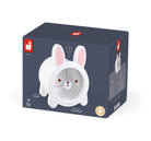 A dark navy blue product box featuring a cartoon white bunny with pink inner ears and red eyes on the front, photographed on a clean white background.