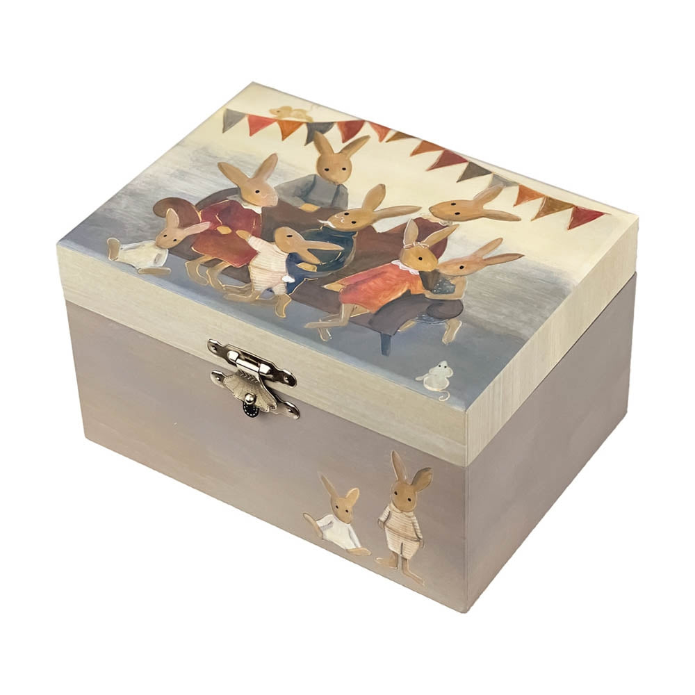 Decorative jewelry box with rabbit illustrations on a white background
