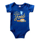 Blue baby onesie with food-themed design on a white background