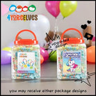 Two clear plastic storage jars filled with colorful candy, each with an orange handle and a custom label, shown against a party-themed background with balloons. The brand logo '4 YORELVES' is visible in the top left.