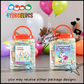 Two clear plastic storage jars filled with colorful candy, each with an orange handle and a custom label, shown against a party-themed background with balloons. The brand logo '4 YORELVES' is visible in the top left.