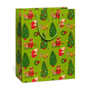 Jolly Bears Medium Gift Bag illustrated by Richard Scarry and produced by Red Cap Cards, featuring a festive green background with repeating holiday bear and Christmas tree patterns.