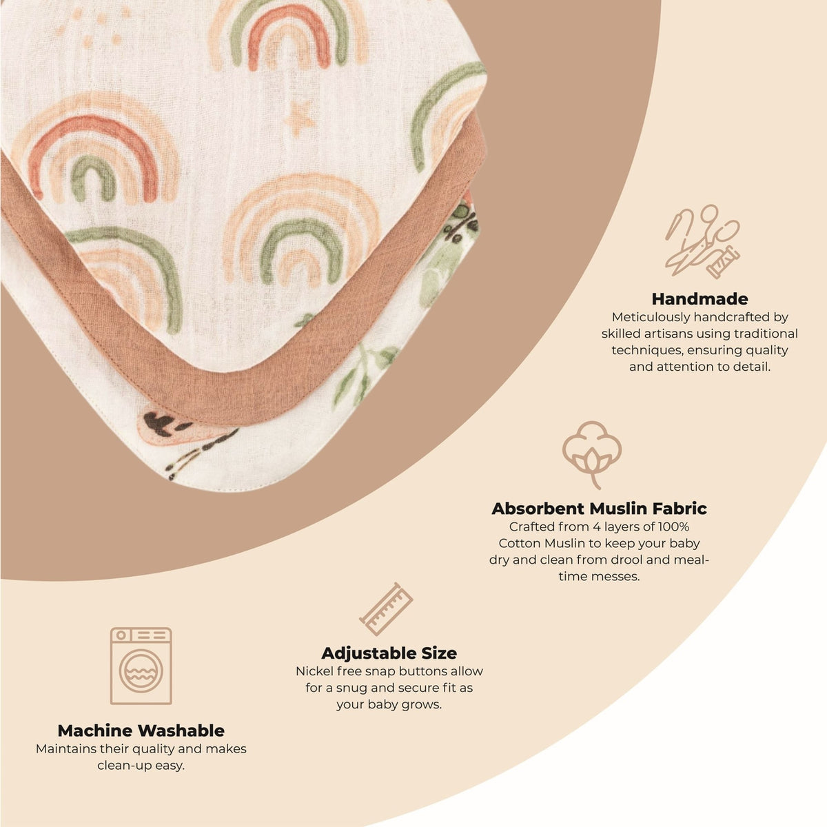 A baby bib with a pastel rainbow pattern and a soft tan border, shown on a beige background with text callouts describing its handmade, muslin fabric, and adjustable size features.