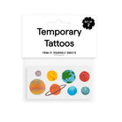 Pack of temporary tattoos with planet designs on a white background