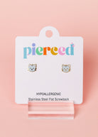 Cat-shaped earrings on a 'pierced' branded card with a pink background