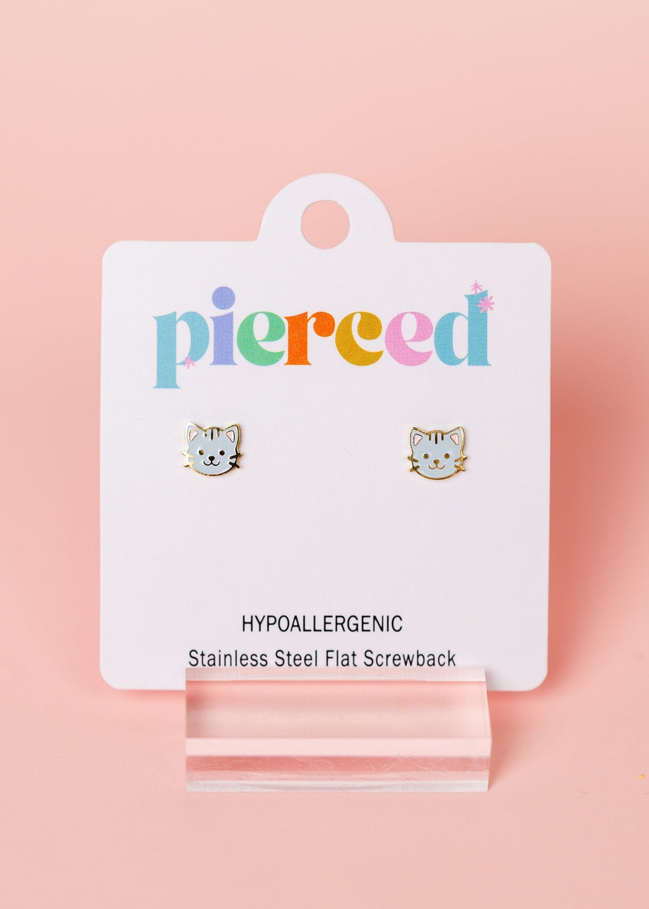 Cat-shaped earrings on a 'pierced' branded card with a pink background