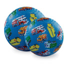 Two blue balls with colorful vehicle patterns on a white background