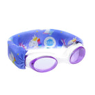 Children's swim goggles with a blue strap featuring unicorn designs on a white background