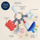 Children's toy with various features labeled on a beige background