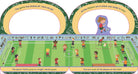 A children's picture book spread showing a soccer game on a green field, with illustrated players, goals, and text boxes at the top and bottom. The left page has an open arch at the top and the right page has an open arch at the top, forming a two-page spread.