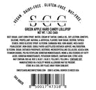 Back label of Sweet Caroline Confections green apple hard candy lollipop with ingredients and manufacturing details.