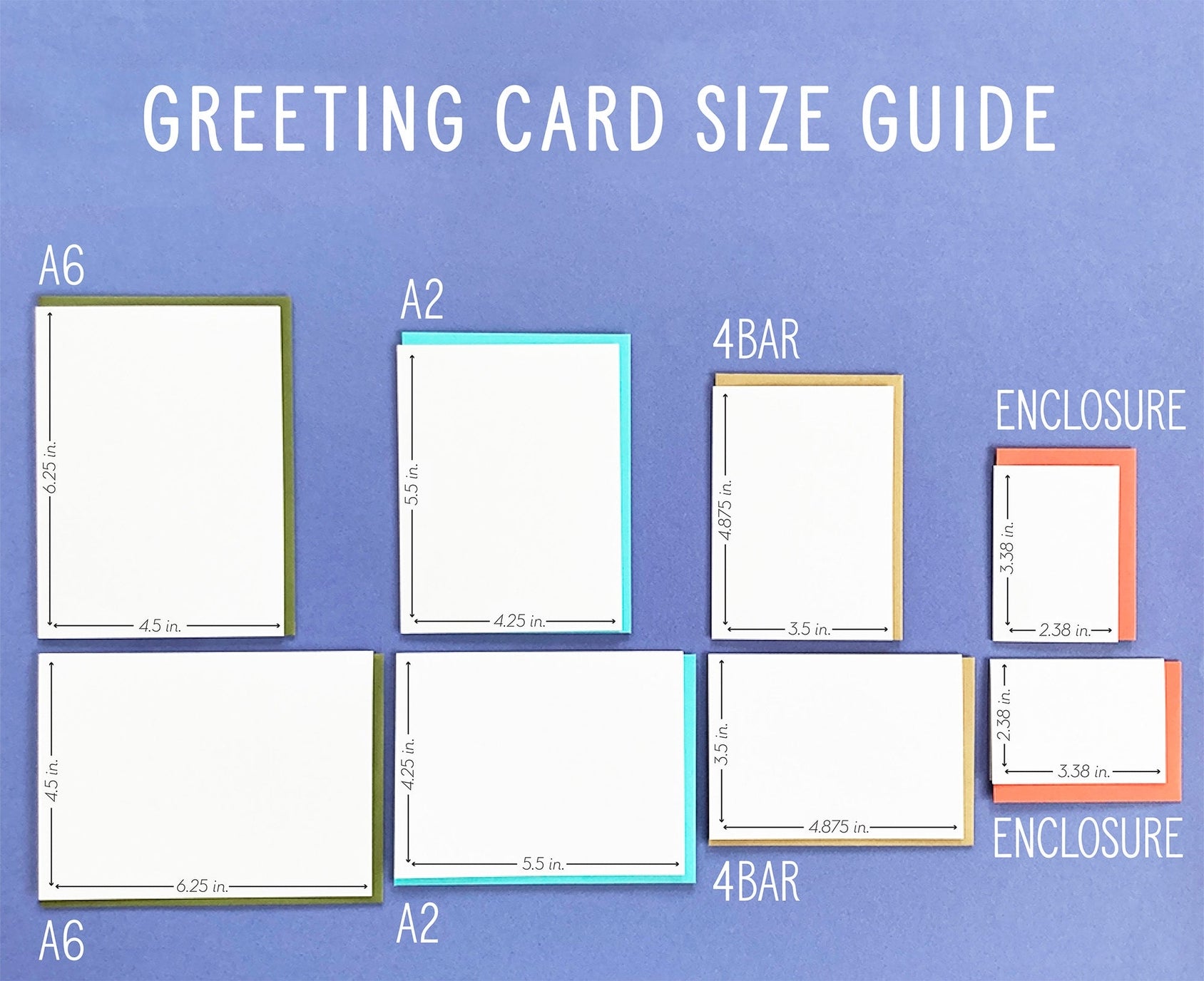 Greeting card size guide with various card dimensions on a blue background