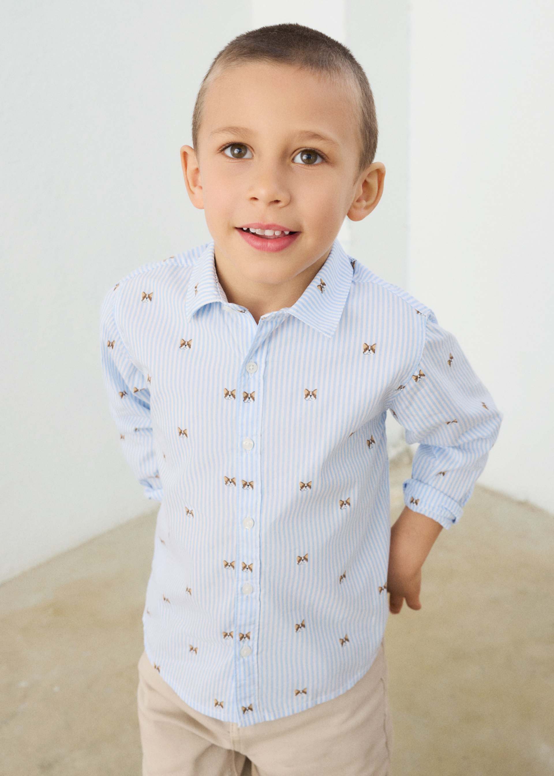 A young boy wearing a light blue and white vertically striped long-sleeve button-down shirt with small brown bowtie motifs, paired with beige pants, standing against a plain light background.