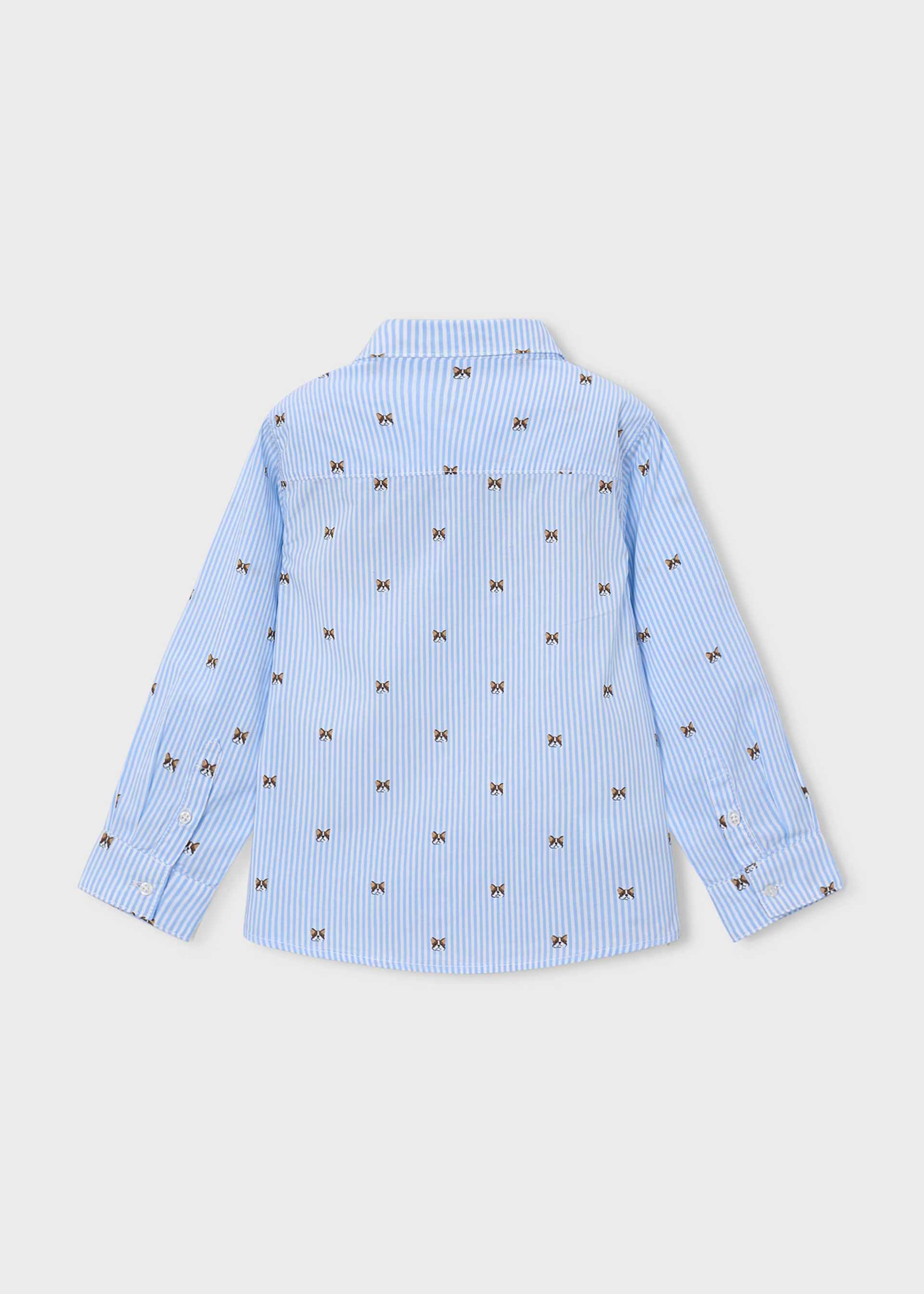 A light blue and white vertically striped long-sleeve button-up shirt with a repeating embroidered bow pattern, shown from the back on a light gray background.