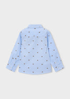 A light blue and white vertically striped long-sleeve button-up shirt with a repeating embroidered bow pattern, shown from the back on a light gray background.