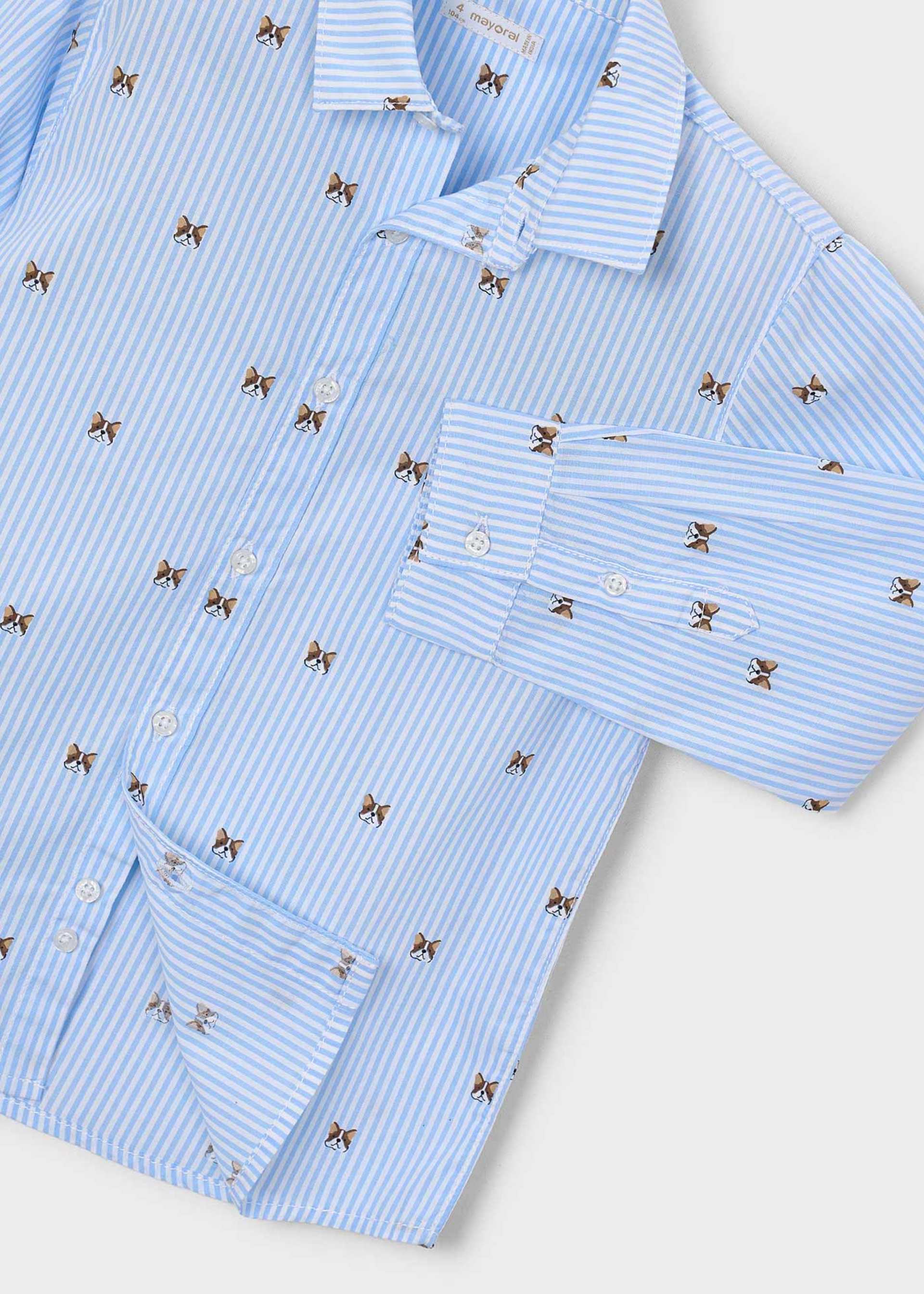 A light blue and white striped long-sleeve button-up shirt with a repeating embroidered bow pattern, shown in a close-up flat-lay view on a light gray background.