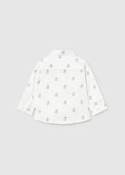 A white long-sleeve button-up shirt with a small, repeating beige and brown bunny print, shown from the back on a light gray background.