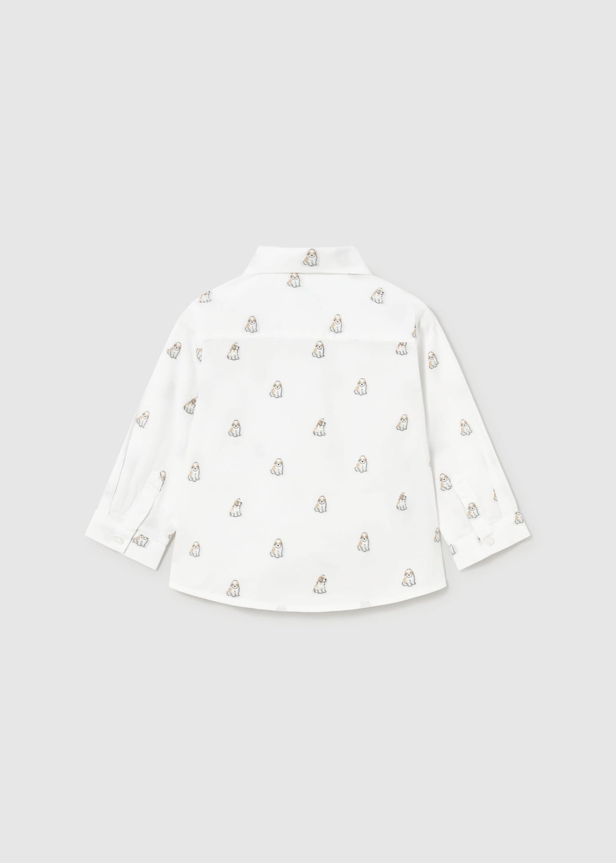A white long-sleeve button-up shirt with a small, repeating beige and brown bunny print, shown from the back on a light gray background.