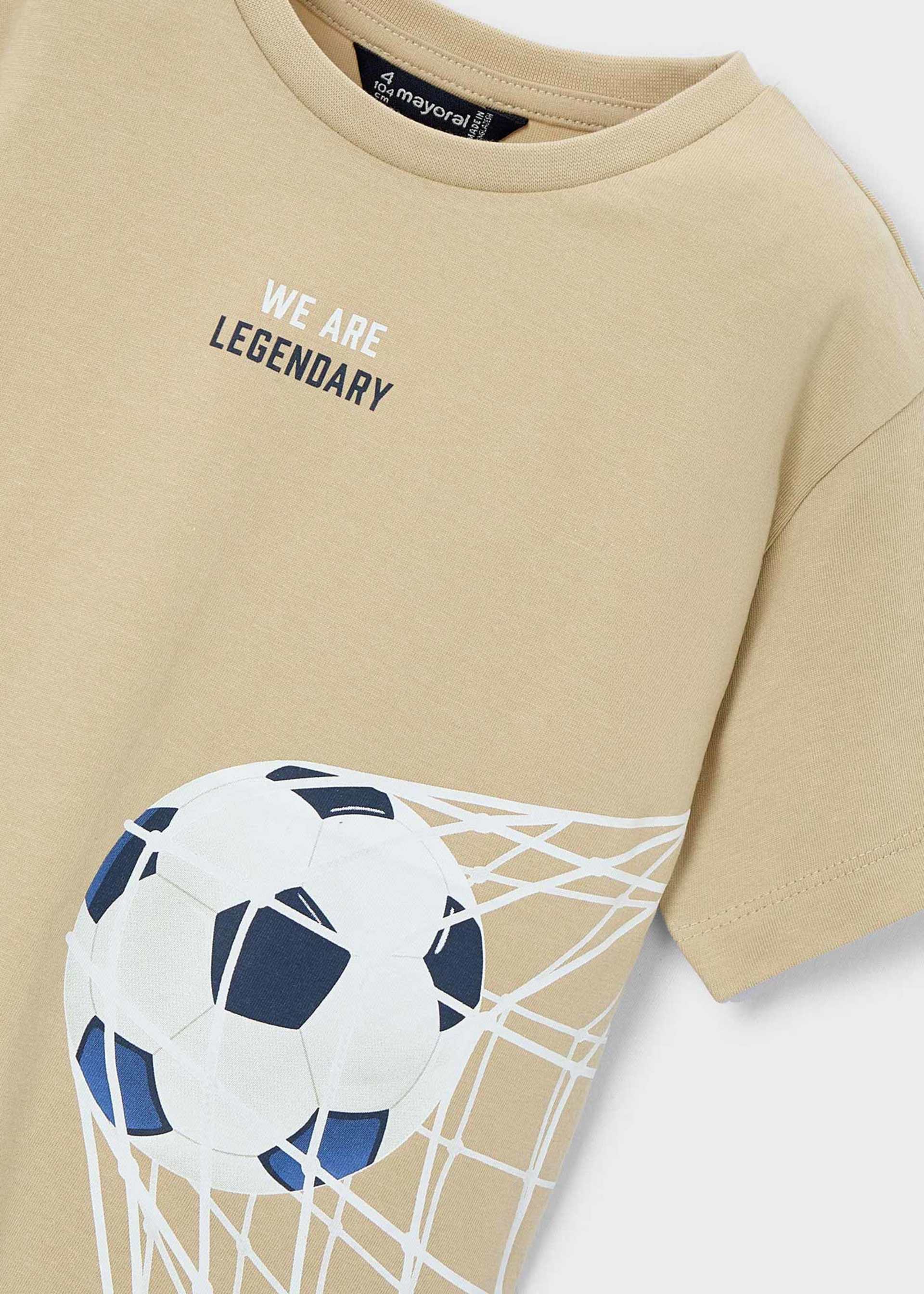 Beige t-shirt with soccer ball and net graphic and 'We Are Legendary' text.