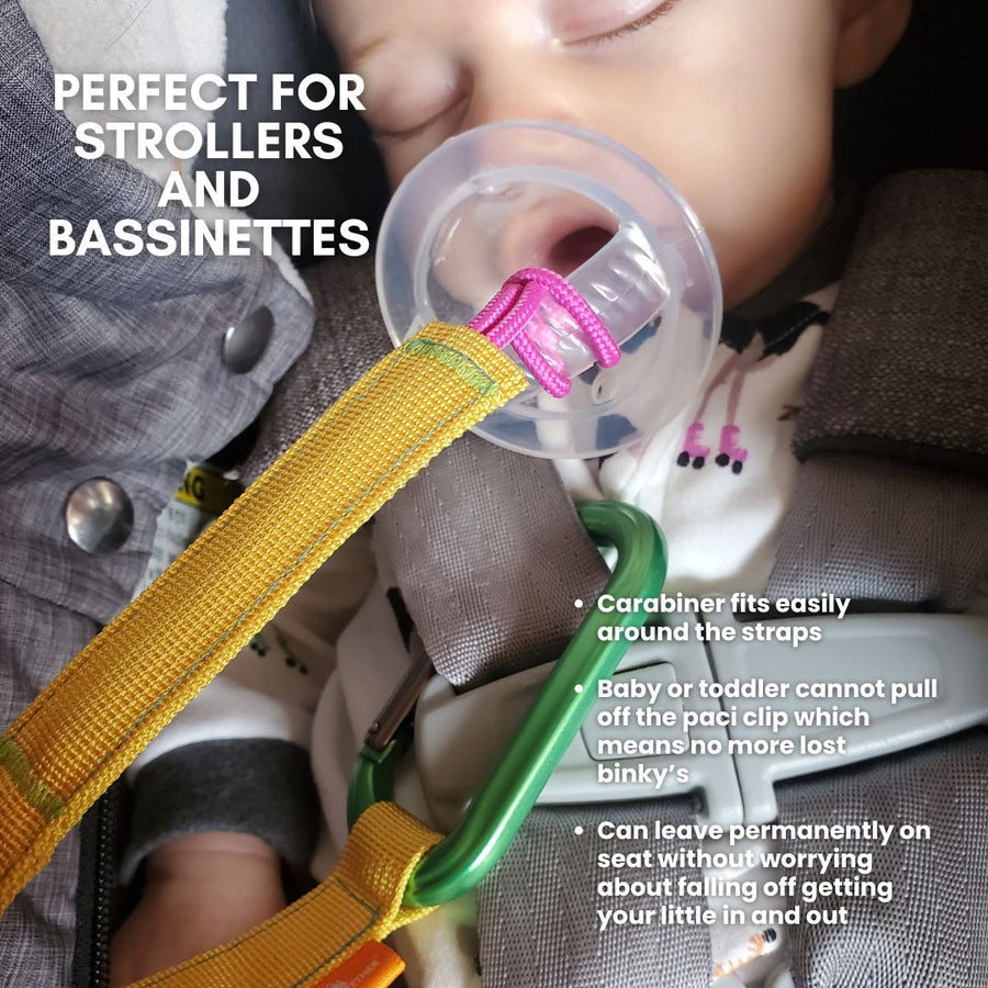 Baby pacifier clip attached to a stroller with text highlighting features