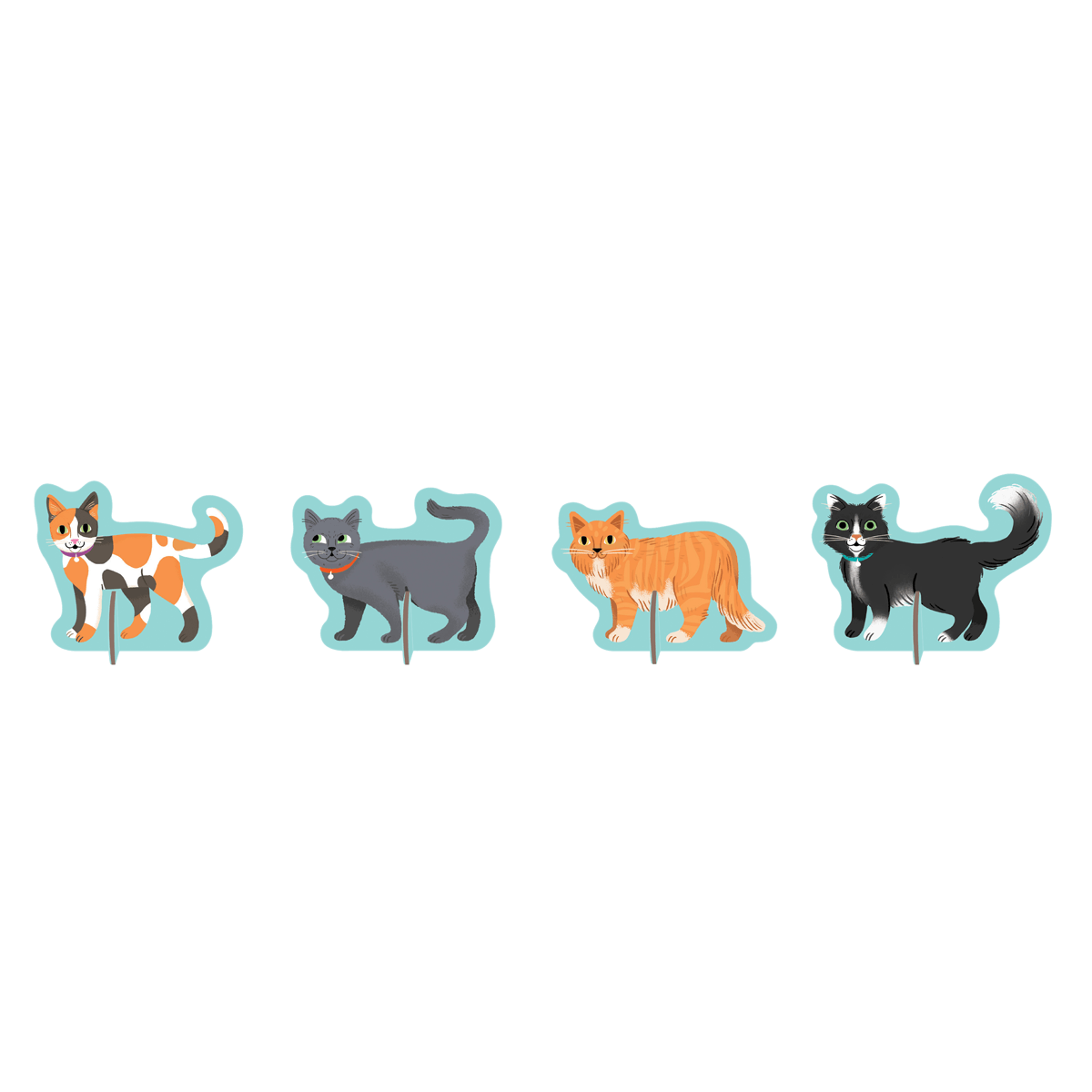 Four cat-shaped stickers in different colors on a white background