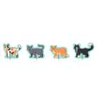 Four cat-shaped stickers in different colors on a white background