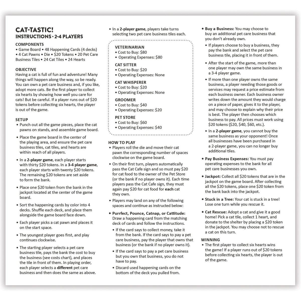 Game instructions for a pet care business-themed board game with text and illustrations.