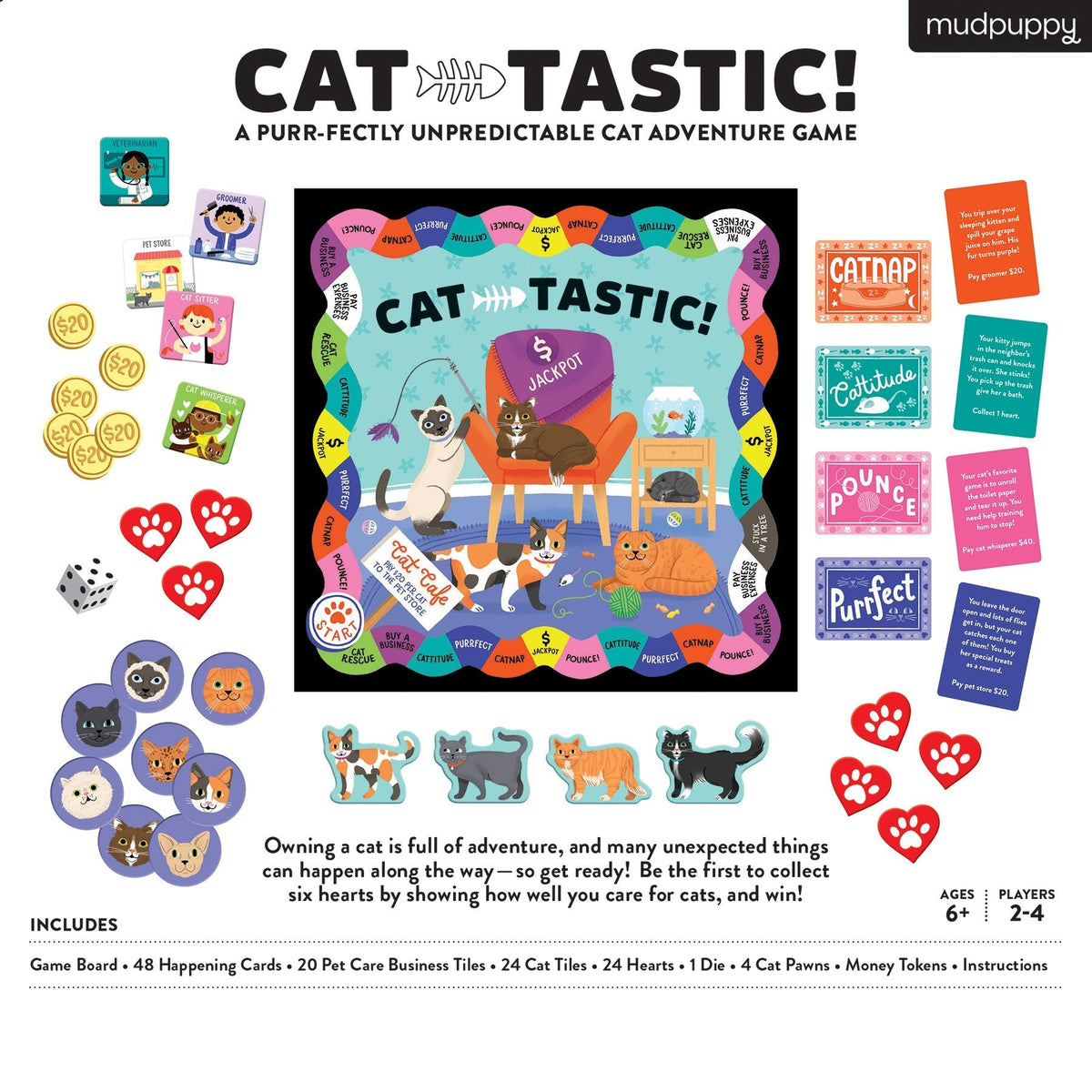 Cat-tastic! board game packaging with game pieces and cards on a white background