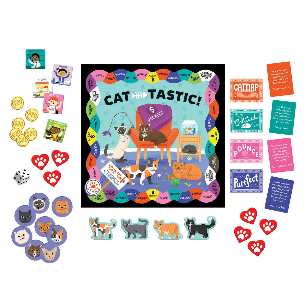 Cat-themed board game set with cards, tokens, and character stickers on a white background