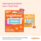 Two packages of oogiebear baby nose and ear picker on a beige background with promotional text.