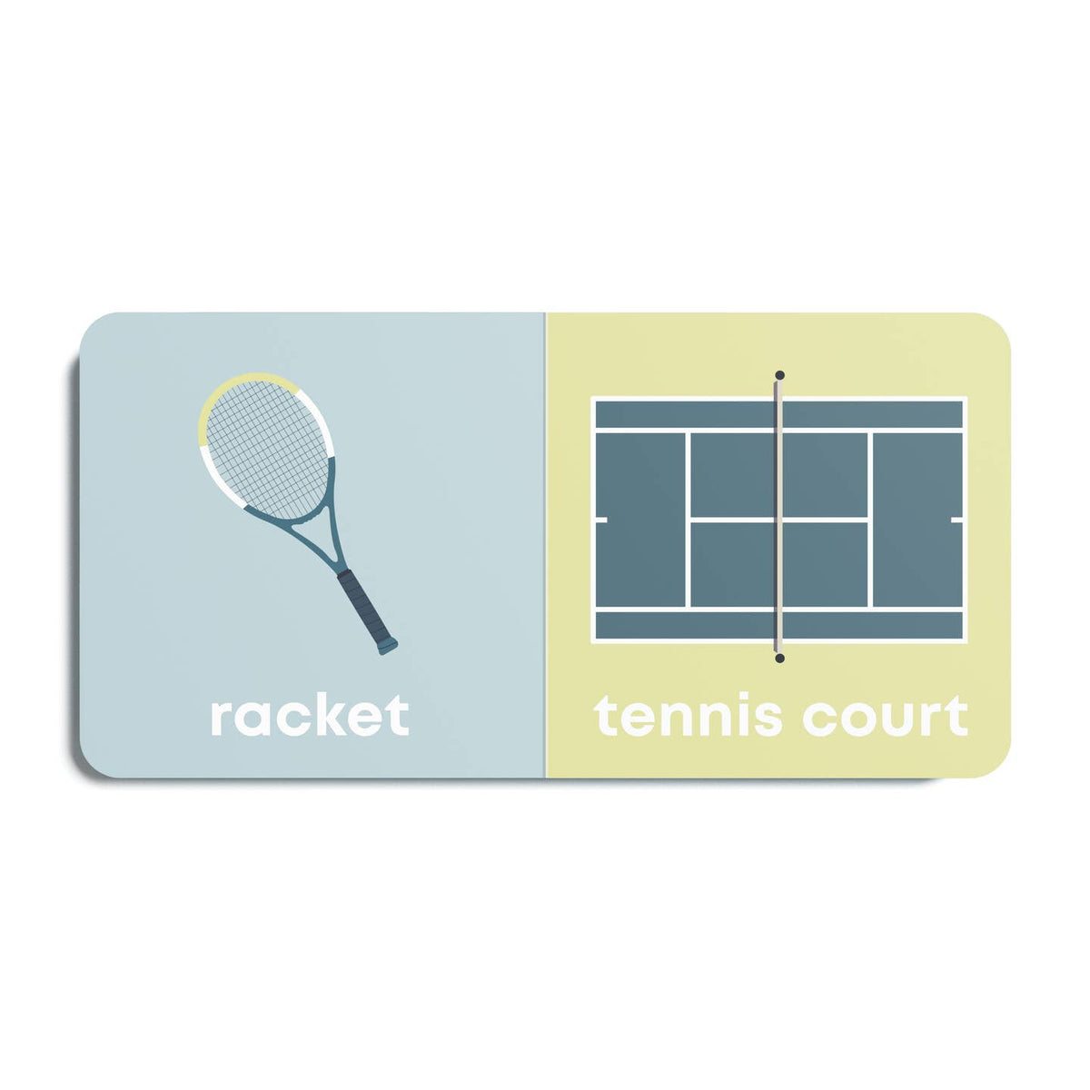 Card with a racket on a blue background and a tennis court on a yellow background