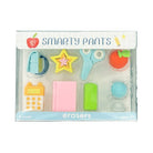 Packaged set of colorful erasers with 'Smarty Pants' branding on a white background
