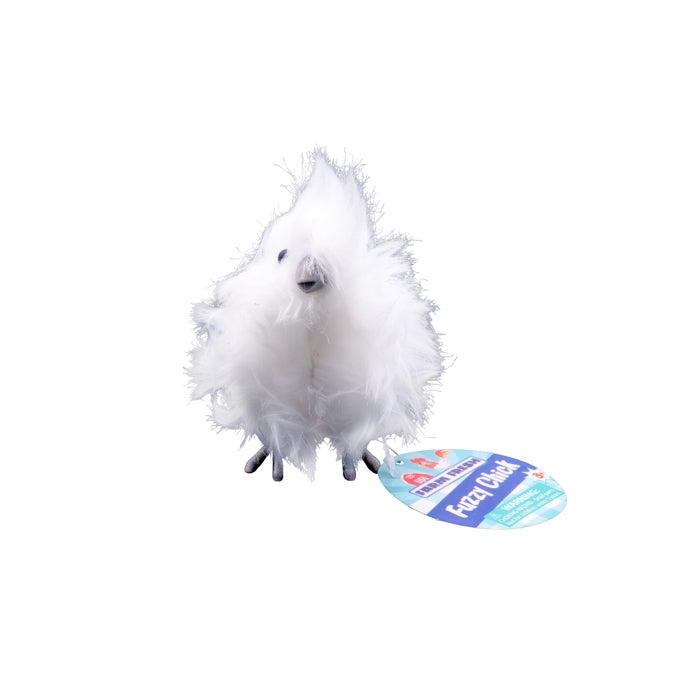 White fluffy toy with a blue tag on a white background
