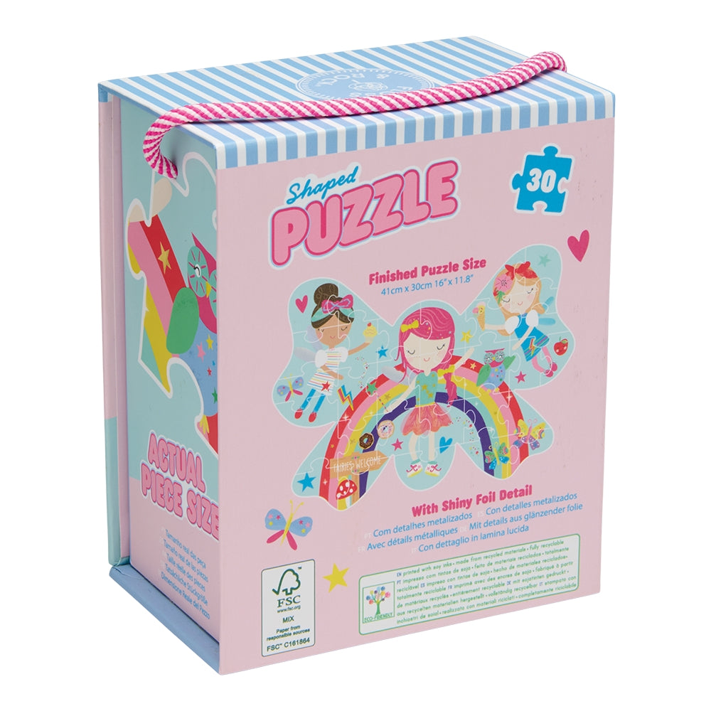 Shaped puzzle packaging with fairy design on a white background