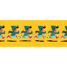 Repeating pattern of a cartoon character running on a yellow background
