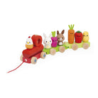 Colorful wooden toy train with animal and vegetable figures on a white background
