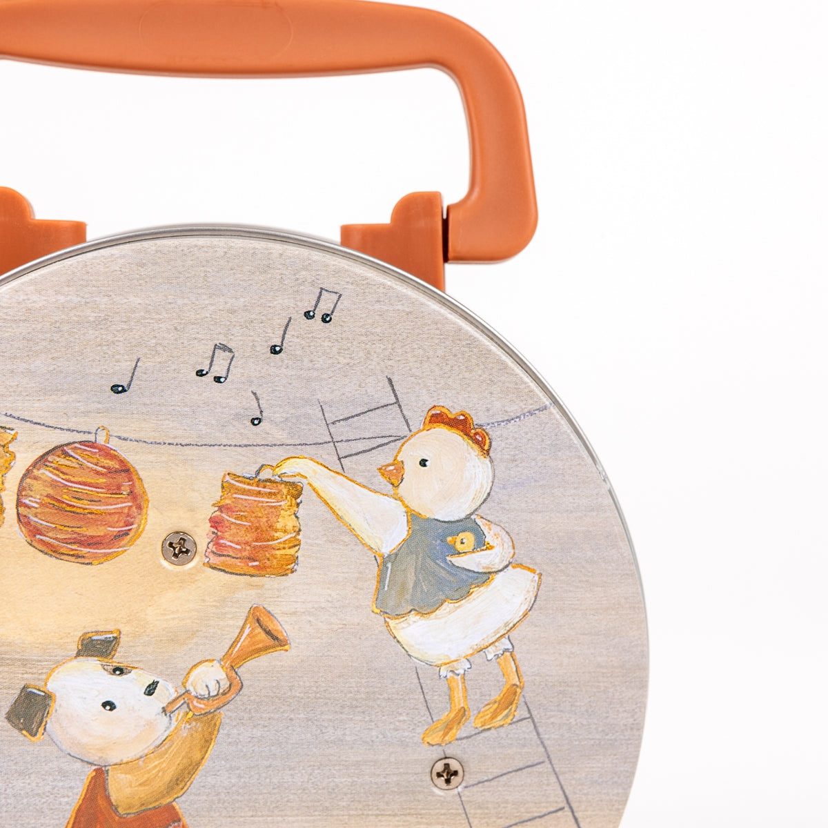 Watch case with cartoon characters and musical notes on a white background