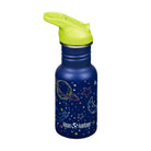Blue water bottle with space-themed design and green lid on a white background