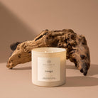 Candle labeled 'rouge' from Rico Candle Co. with a piece of driftwood on a beige background