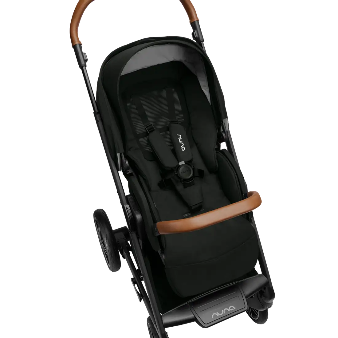 A profile view of a black MIXX Next + Pipa Aire RX Travel System by Nuna stroller featuring brown leatherette handlebar and armbar accents, shown against a checkered transparent background.
