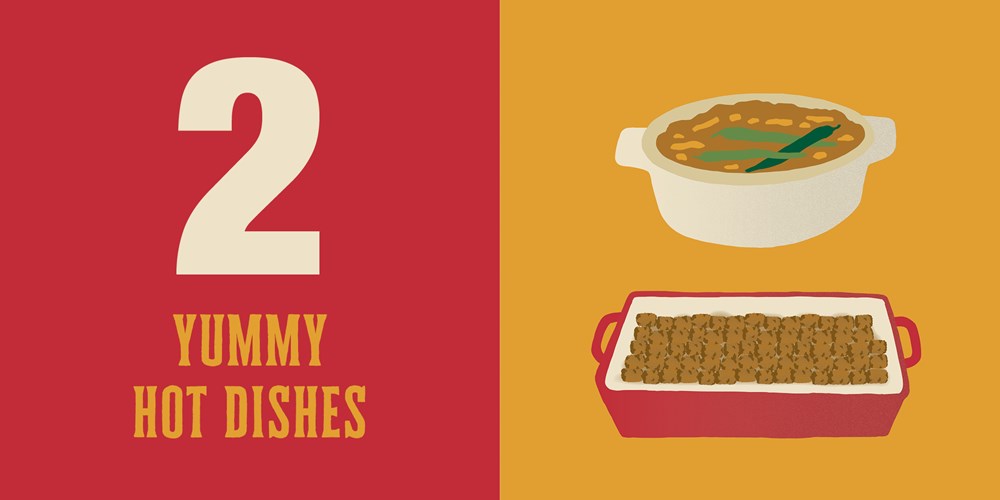 Two illustrations of hot dishes on a red and yellow background with text '2 Yummy Hot Dishes'.