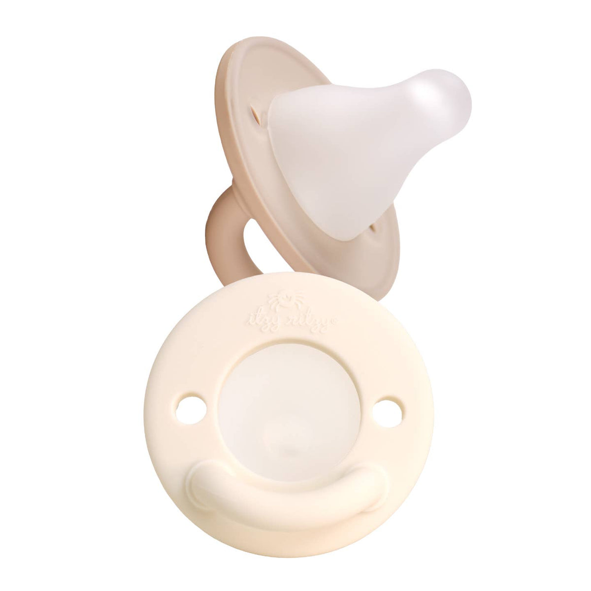 Two beige baby pacifiers on a white background